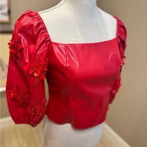 New! QUEEN OF SPARKLES Red Leather Flower Poof Sleeve Top